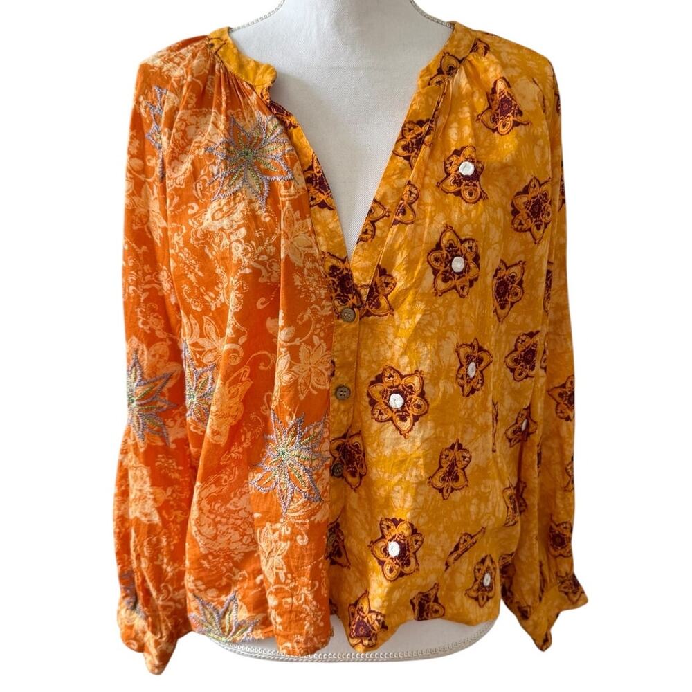 Zara Indian Block Print Cotton Split Neck Embroidered Top Burnt Orange L - Picture 2 of 6